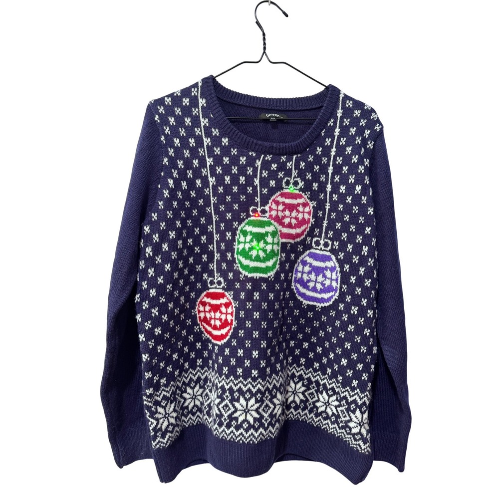Light‎ up  Womens Ugly Christmas Sweater Ornaments Snowflake Knit Navy Blue L/G